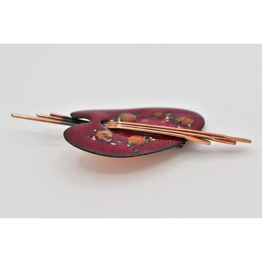 Matisse Renoir Palette Brooch Pin Copper Red Enamel Vintage Signed 1950s BinBG